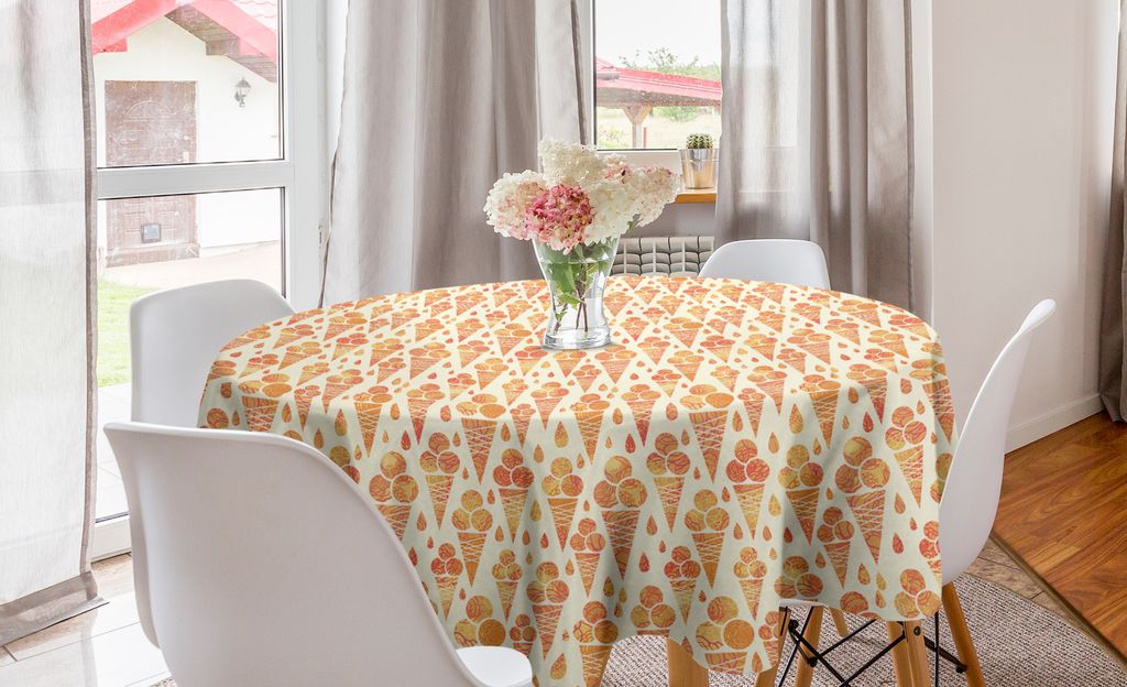ABAKUHAUS EIS Runde Tischdecke, Floral Scoops auf Cones, Kreis Tischdecke Abdeckung für Esszimmer Küche Dekoration, 150 cm, Elfenbein Blasses Orange
