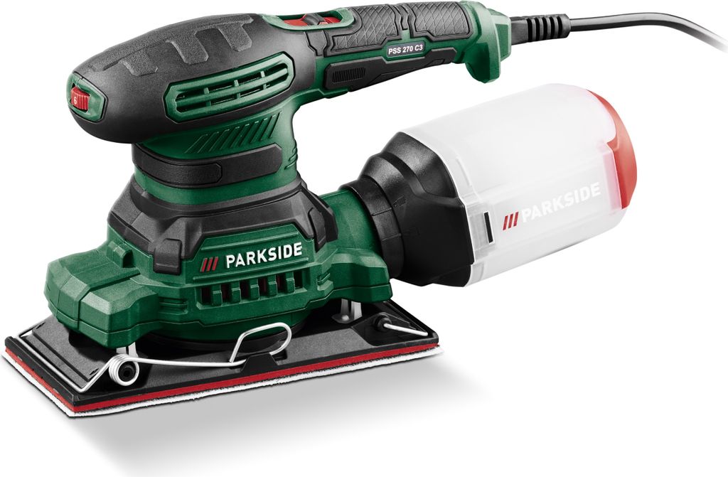 A studio shot of a Parkside orbital sander with a dust collection bag.