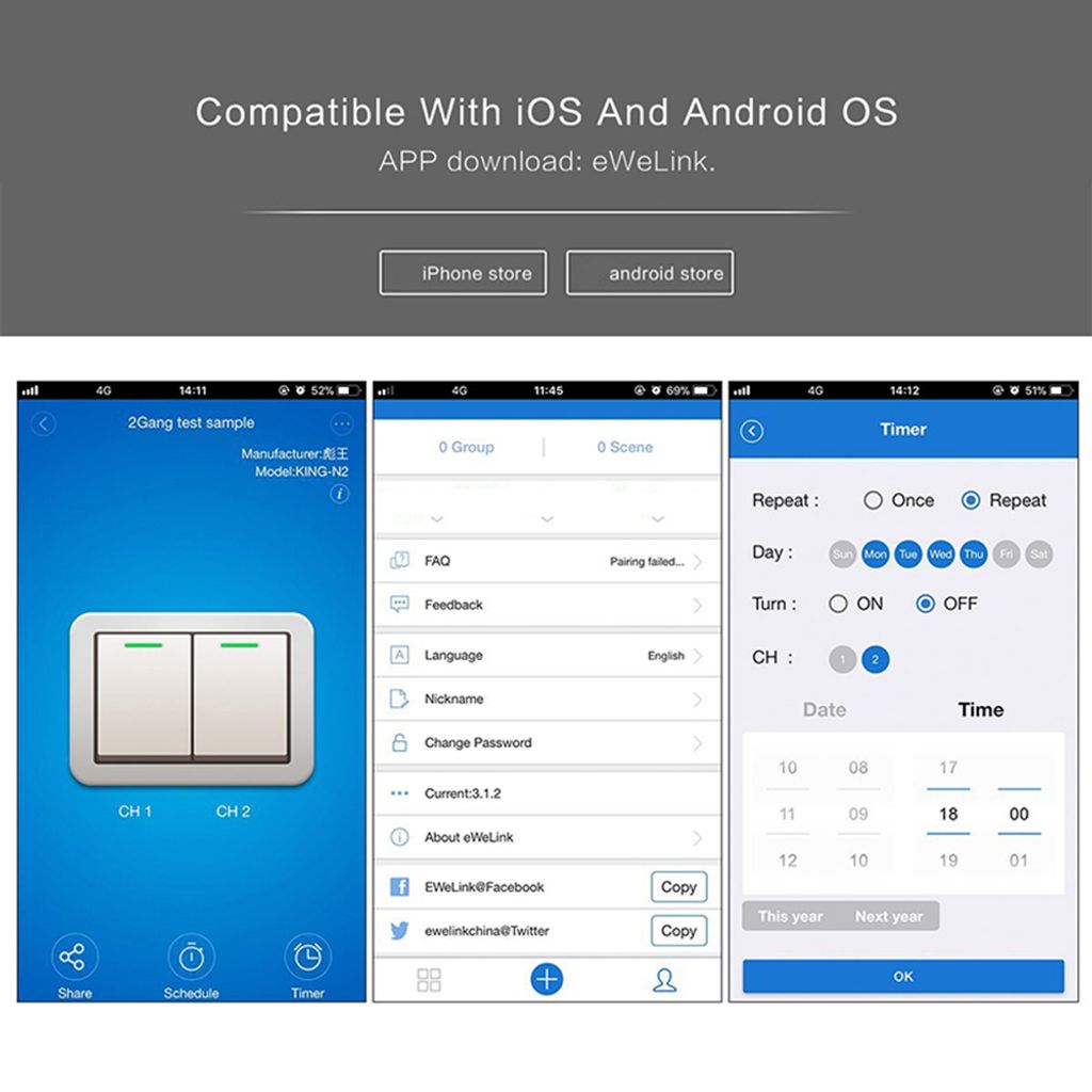 Wlan Wandschalter LED Lichtschalter Smart Home Touchschalter für iOS+Android OS 