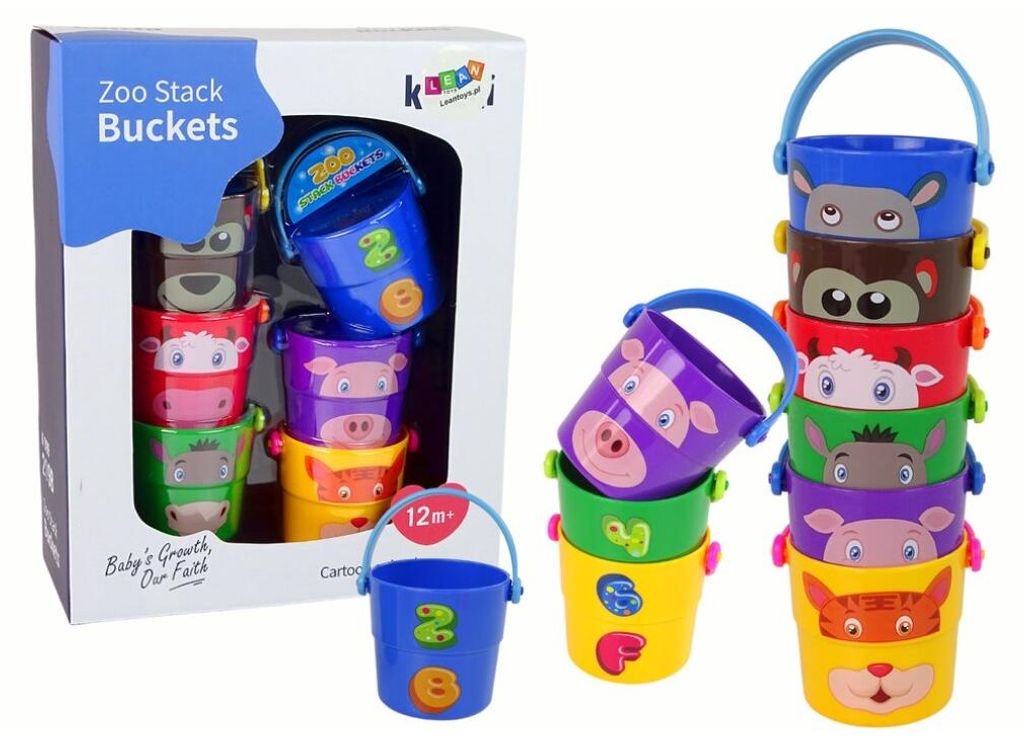 Leantoys Ein Set bunter Eimer mit Tieren - eine Pyramide
