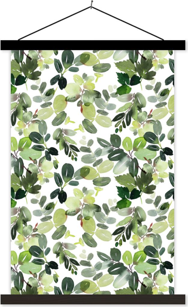MuchoWow Textilposter Blätter - Aquarell - Weiß 60x90 cm mit schwarzem Rahmen - Poster Wohnzimmer