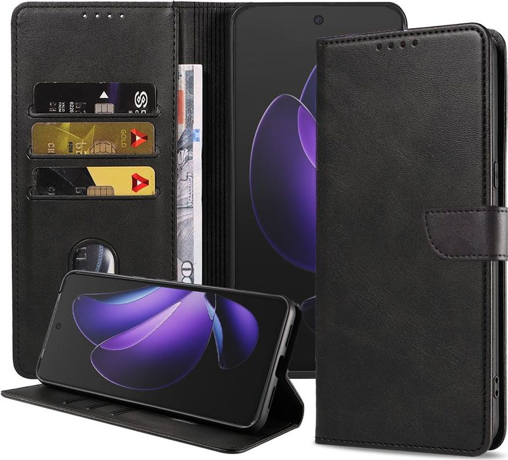 Passend für Oppo Reno 13 F Handytasche Kunstleder mit Magnetlippe und Kartenhalter Buchhülle mit Klappe - Wallet Case mit Kartenfach - Schwarz - ...