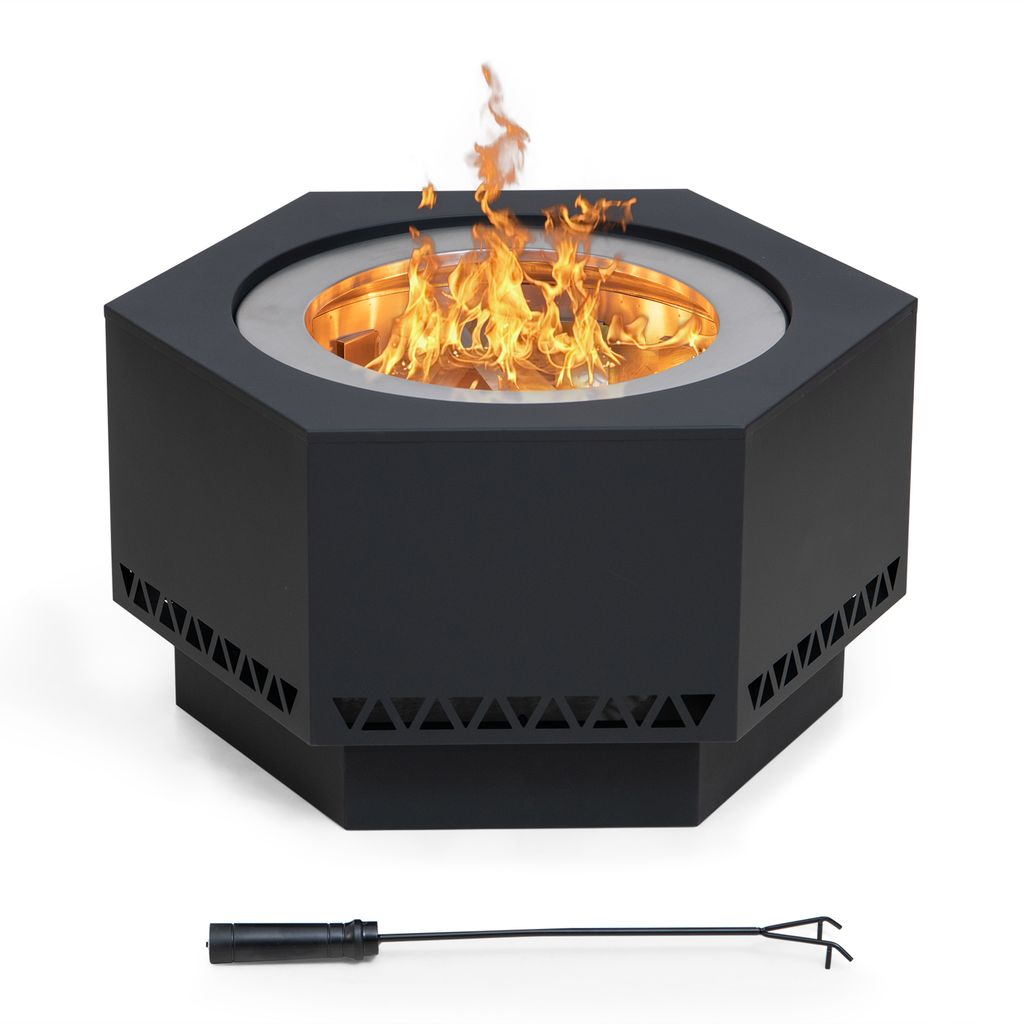 A black hexagonal fire pit with flames burning inside, shown on a white background with a fire poker tool in front.