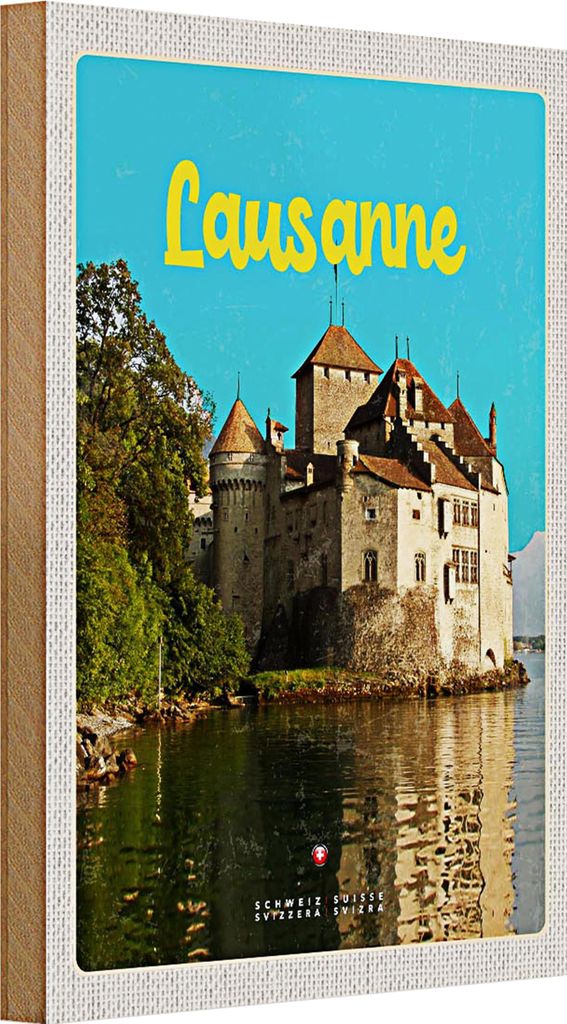 Holzschild Reise 20x30cm Lausanne Schloss See Schweiz Reiseziel