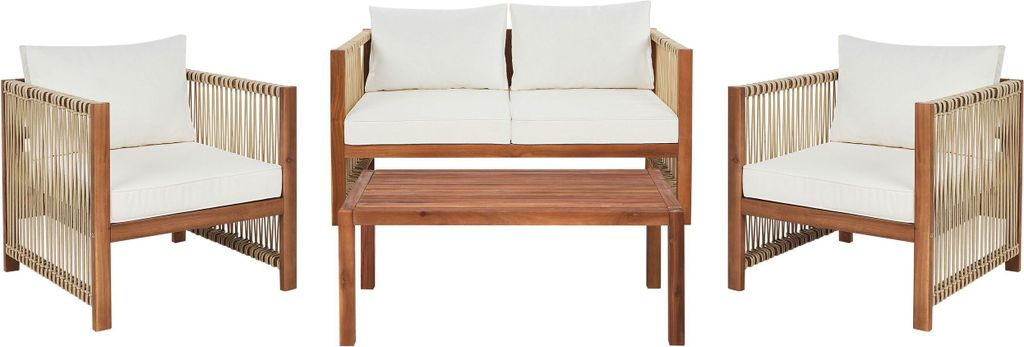 BELIANI Lounge Set Beige Akazienholz und Flechtseil 4-teilig für 4 Personen mit Kissen Stoff 2-Sitzer Sofa 2 Sessel und Couchtisch Outdoor Terrasse