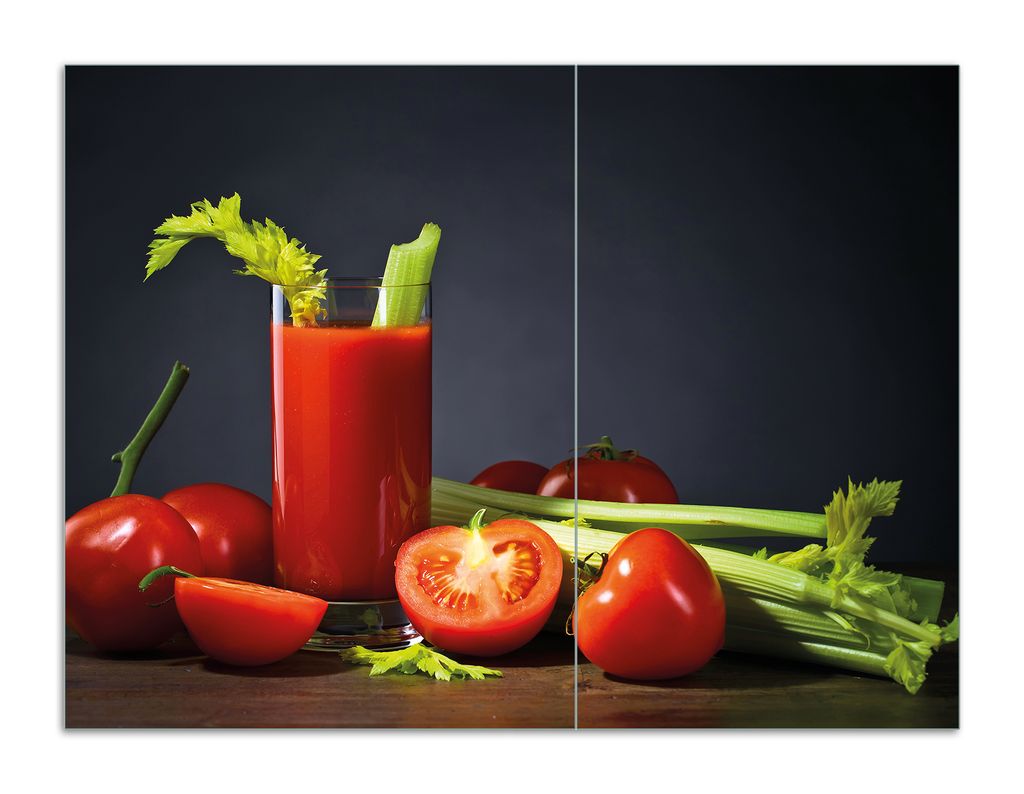 Wallario Herdabdeckplatte aus Glas, Größe 70 x 52 cm 2-teilig, Motiv Frischer Tomatensaft mit Sellerie