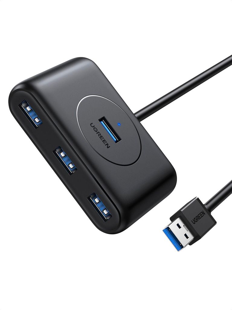A black USB hub with multiple ports and a connected USB cable, shown on a white background.
