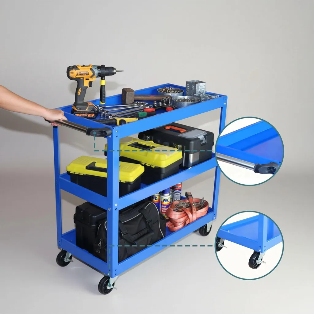 Chariot à outils 3 niveaux robuste avec roulettes multidirectionnelles