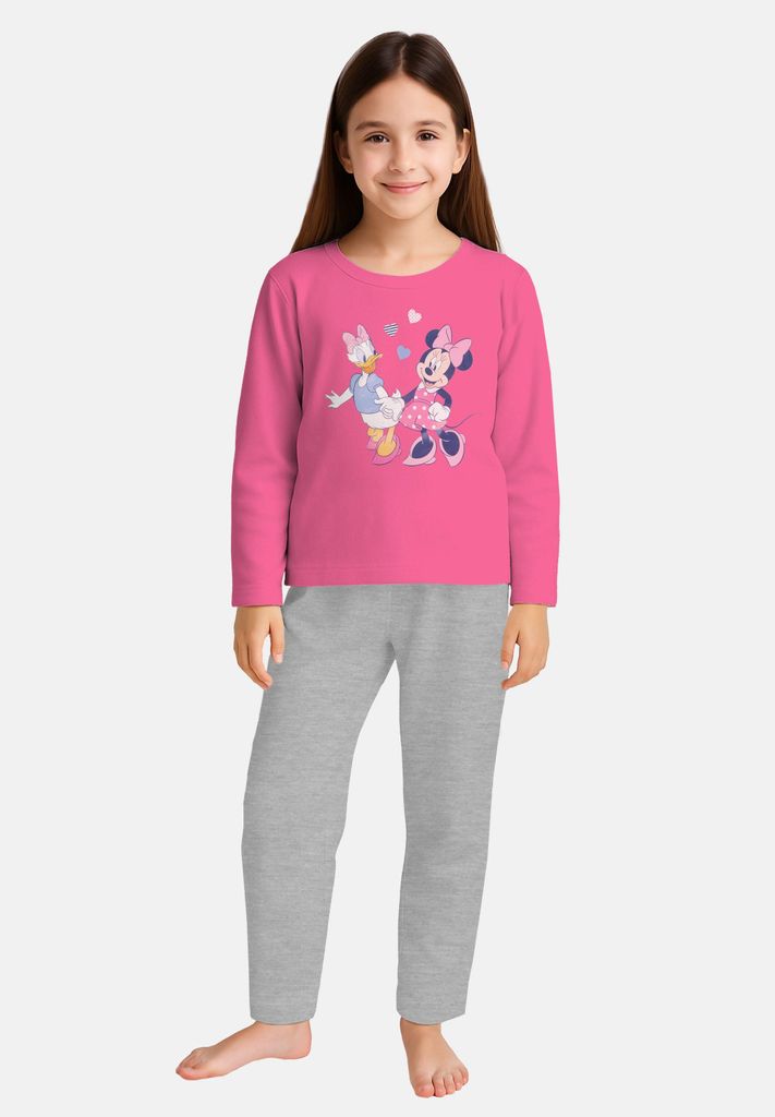 Disney Minnie Mouse Schlafanzug für Mädchen - Minnie & Daisy Kinder Pyjama Set Langarm Oberteil mit Hose Pink/Grau 134-140