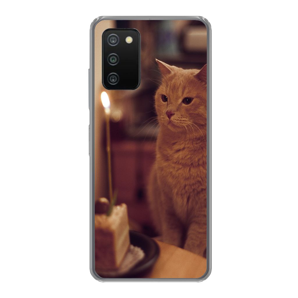 MuchoWow Handyhülle Schutzhülle Hülle für Samsung Galaxy A03s Katze - Geburtstag - Kerze Silikon Softcase Handy Hülle - Schutz