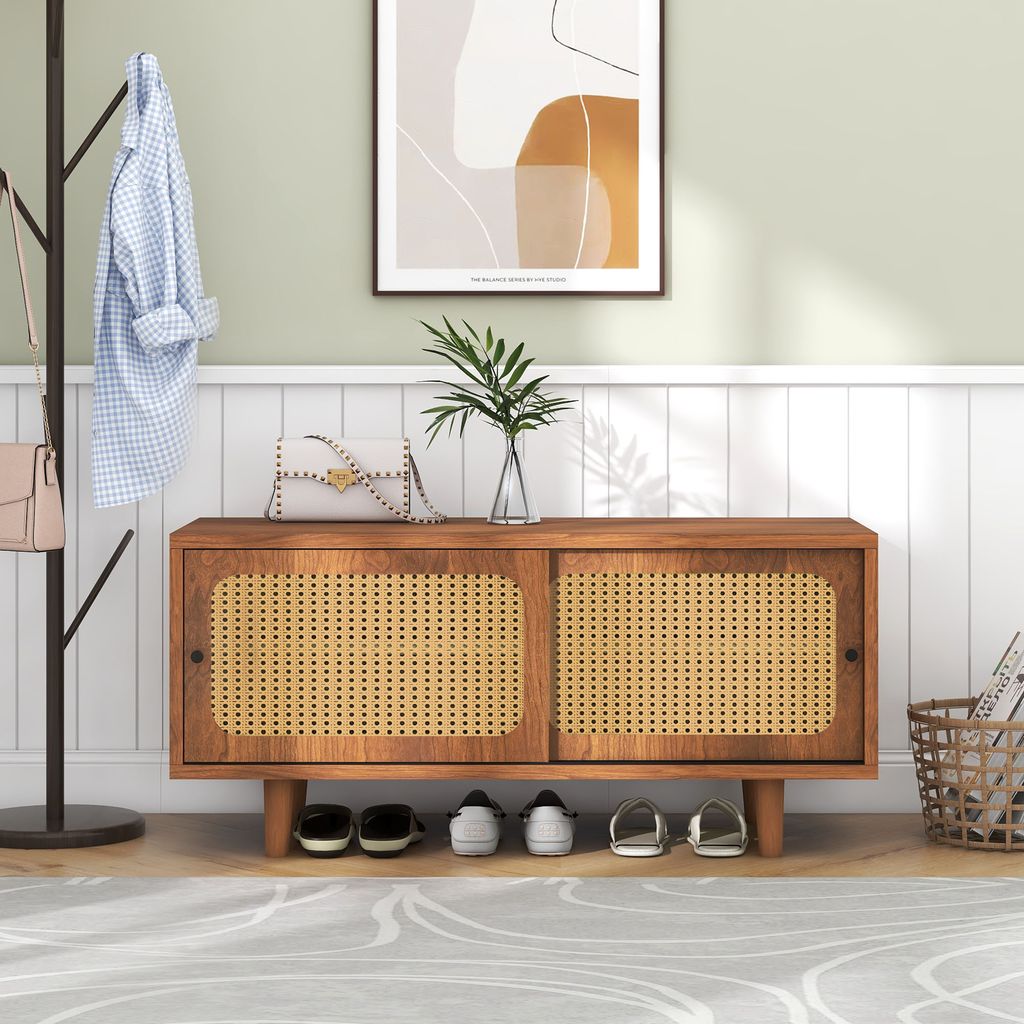 Schuhschrank mit 2 Schiebetüren, Rattan Schuhschrank mit verstellbare Ablage, Sitzbank für Flur, Wohn- und Schlafzimmer, Walnussfarbe 104 x 40 x ...