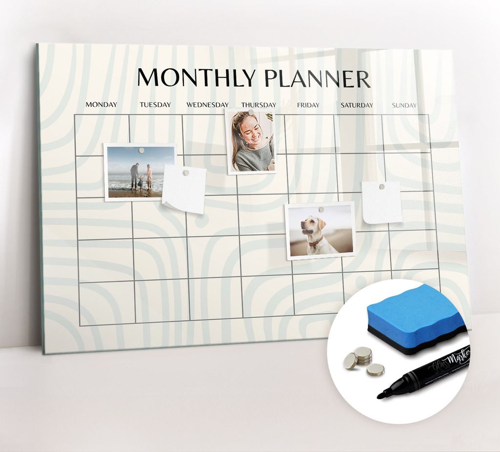 Magnetpinnwand Memoboard - Zubehörsatz - Schwarzer Marker + Schwamm + Magnete - 90 x 60 cm - Monatsplaner