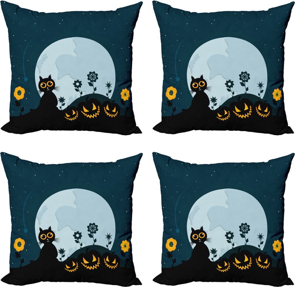 ABAKUHAUS Halloween Kissenbezug Set (4 Stück), Kitty Unter Mond, Moderner Doppelseitiger Digitaldruck, 50 cm x 50 cm, Blau Schwarz