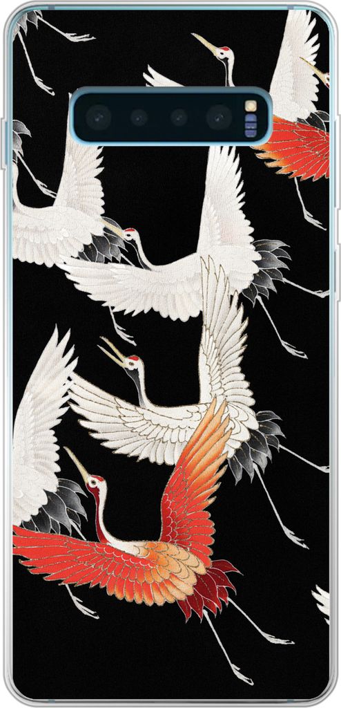 MuchoWow Handyhülle Schutzhülle Hülle für Telefoonhoesje Samsung Galaxy S10 Plus Japandi - Kranich - Rot - Weiß Silikon Softcase Handy Hüll...