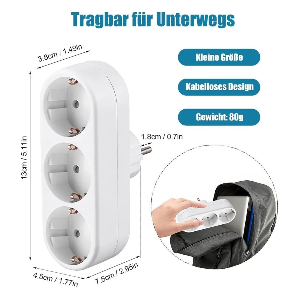 3X 3-Fach EU Steckdosenadapter,3-fach Rund Mehrfachstecker Produktbild 9