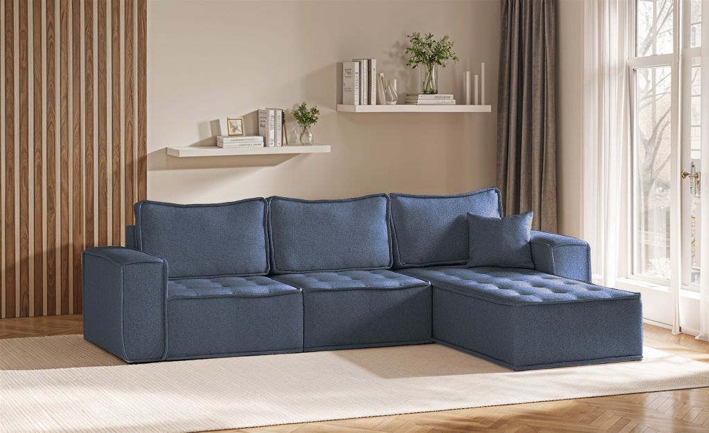 Ecksofa Modulsofa 3-teilig SANDE Stoff Raven Blau Ottomane Rechts