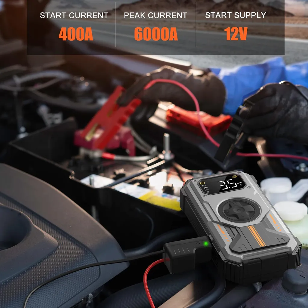 Jump starter multifonction 6000A et gonfleur de pneu 12V intégré