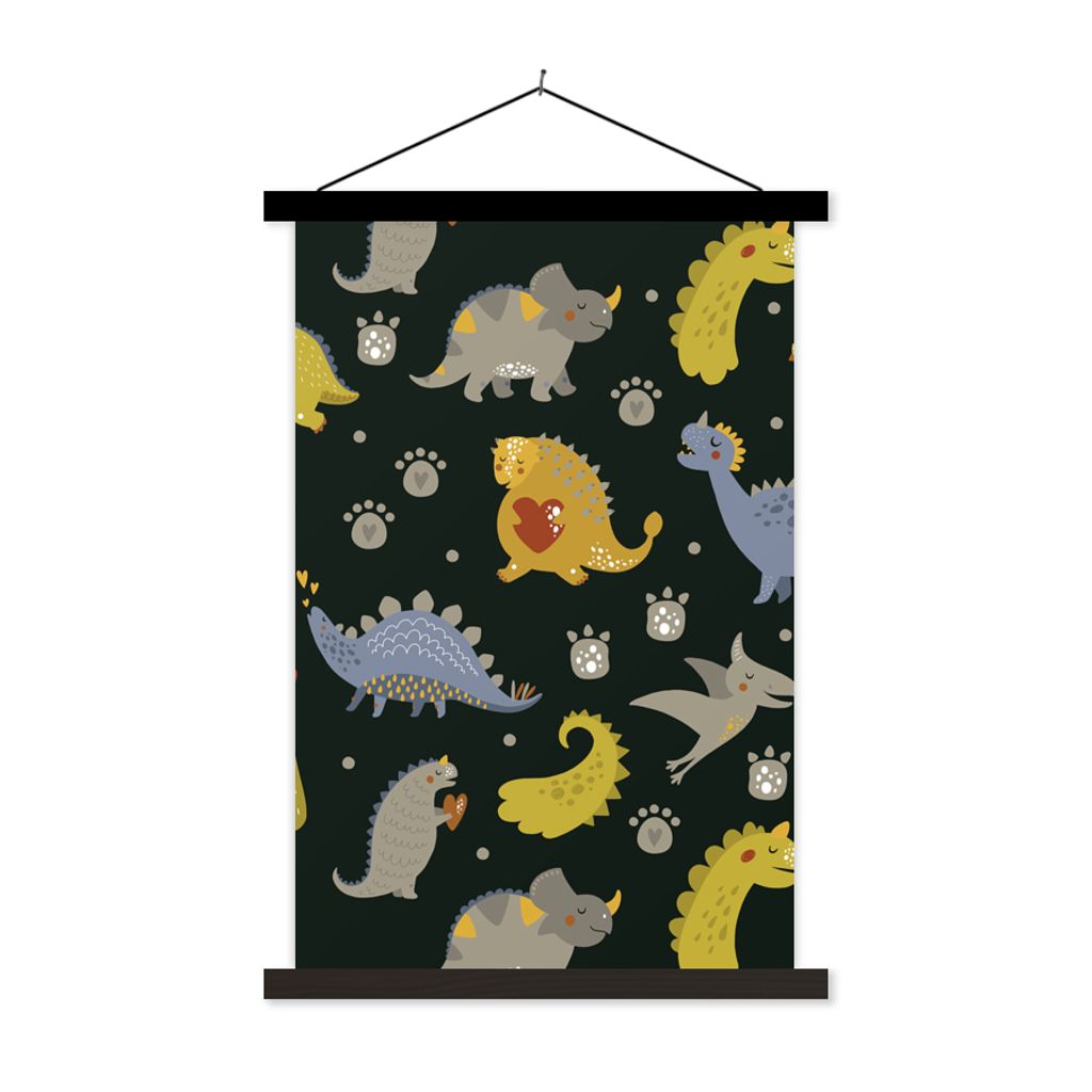 MuchoWow Textilposter Dino - Kinder - Schnittmuster - Jungen - Mädchen - Dinosaurier 60x90 cm mit schwarzem Rahmen - Poster Wohnzimmer