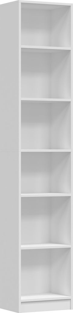A tall, narrow white bookshelf with multiple shelves.