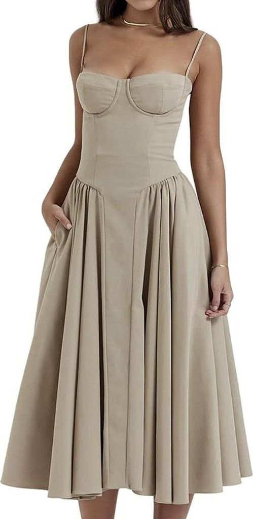 Damen Vintage Sommerkleid Lang mit Trägern Kaffeebraun S