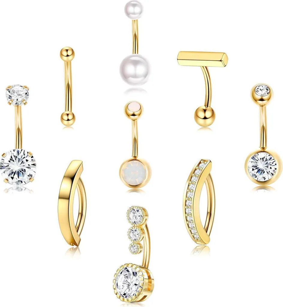Piercing Ombelico 14G Acciaio Chirurgico 9 Pezzi - CZ Perla Opale Set