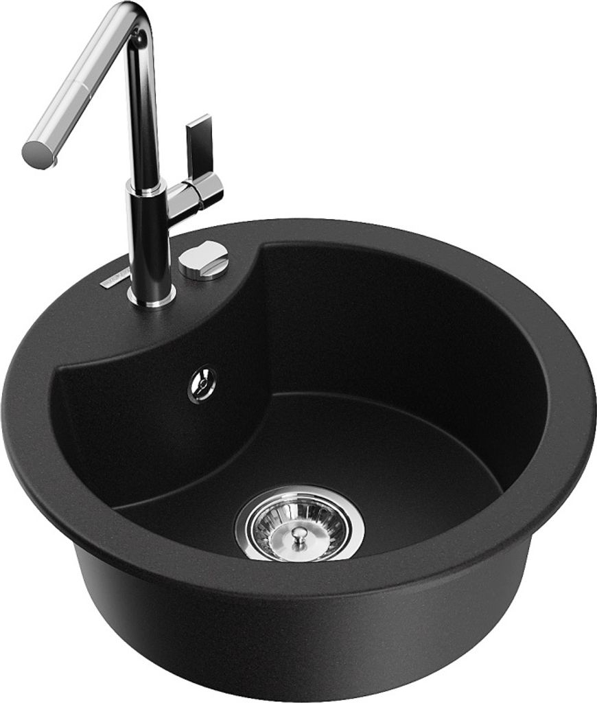 Mexen Diego 1-Becken-Granitspüle mit Mischbatterie Flora, Schwarz - 6512-77-670401-00