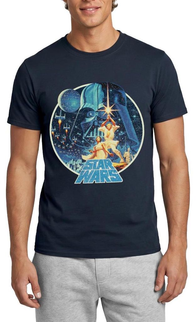 Star Wars Galaxie Mit Ikonischen Charakteren Männer T-Shirt, L, Navy