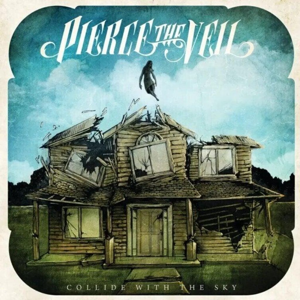 Album art for Pierce The Veil's 'Collide With The Sky' featuring a damaged house and a person falling from the sky.