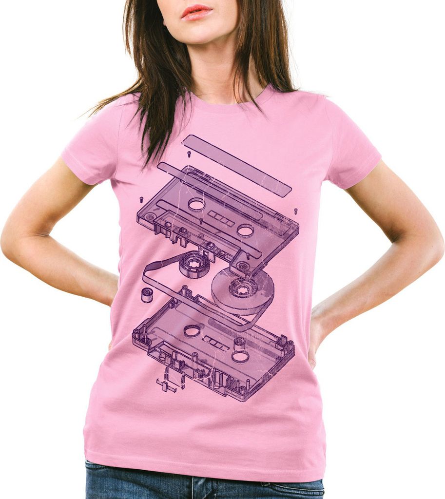 style3 DJ Tape T-Shirt Damen T-Shirt kassette 3D turntable retro, Farbe:Pink, Größe:XS