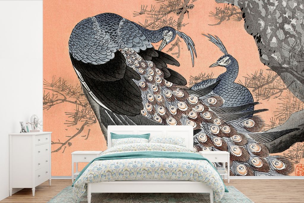 MuchoWow Fototapete für Wohnzimmer oder Schlafzimmer Wandtapete Vinyl Motivtapete Vintage - Japandi - Pfau - Tiere - 390x260 cm - Papiertapete
