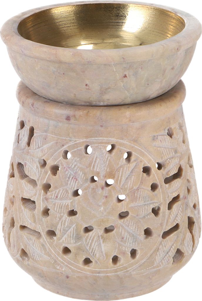 Indische Duftlampe, ätherisches Öl Diffusor, Teelicht Halter für Aromatherapie, Aromalampe aus Speckstein - Rund Blüte 5, Creme-weiß, 10*8*8 c...