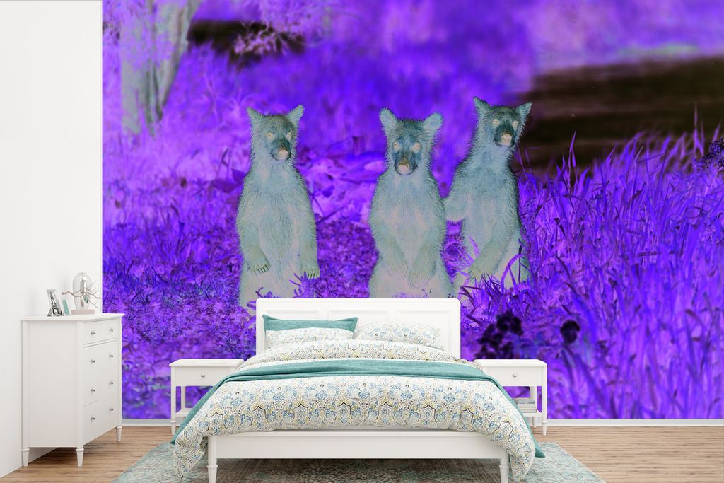MuchoWow Fototapete für Wohnzimmer oder Schlafzimmer Wandtapete Vinyl Motivtapete Bären - Blumen - Gras - Familie - 525x350 cm - Das Hintergrun...