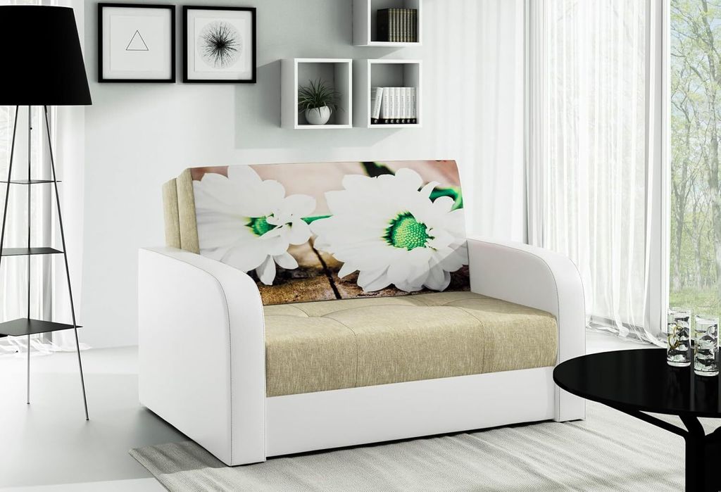 LIKMA Ausziehbar 2 Sitzer Sofa Togo FOTO Beige + Weiss Kunstleder 135x90x100 cm Schlaffunktion Bettzeugbehälter