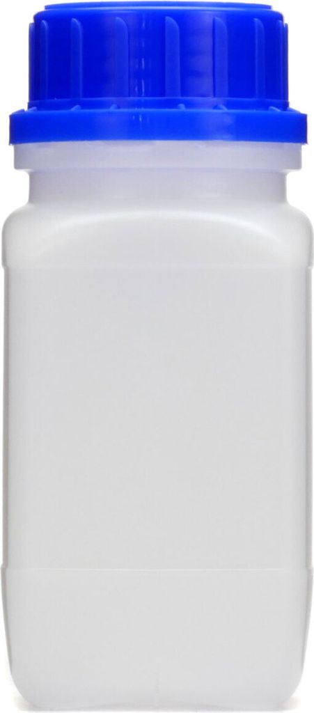 250 ml Weithals-Flasche mit blauem Deckel, naturfarben, vierkant, G 45