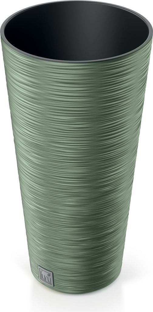 A tall, textured green planter with a black interior, shown against a white background.