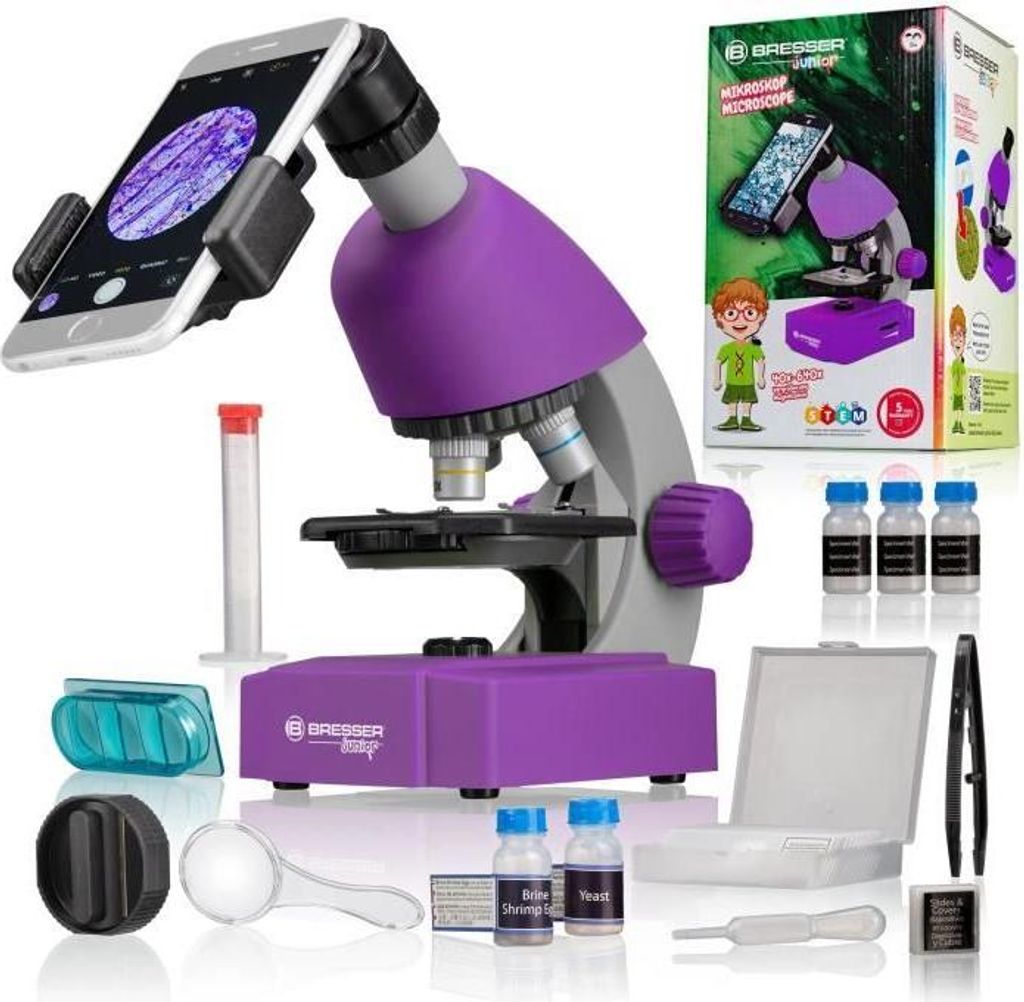 Mikroskop, 40x-640x Vergrößerung, BRESSER JUNIOR, LED Beleuchtung, Inkl. Experimentier-Set, Violett