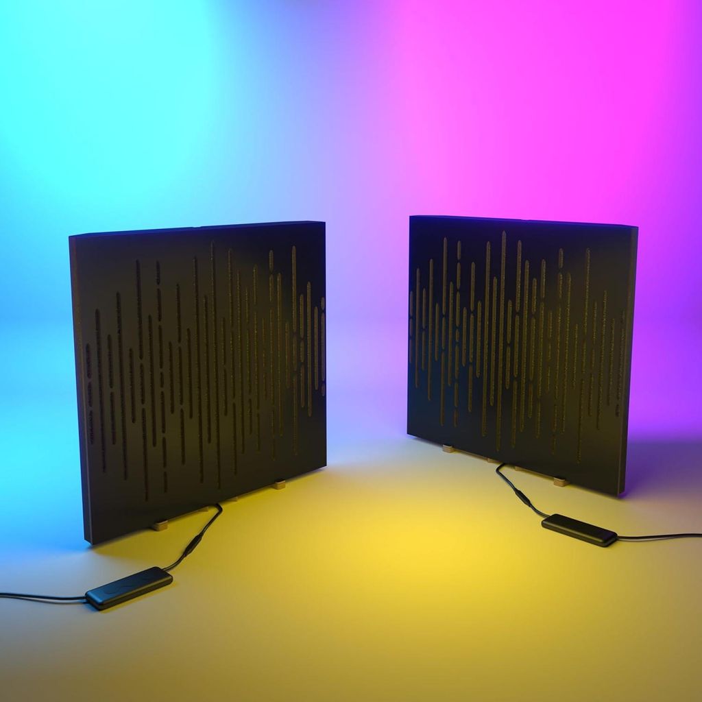 2er Pack Akustikpaneele "WAVE" mit RGB-Schreibtischlampe | Mobiler Ständer mit LED-Tischfuß |Für Podcast-Studios|50×50cm|Schwarz