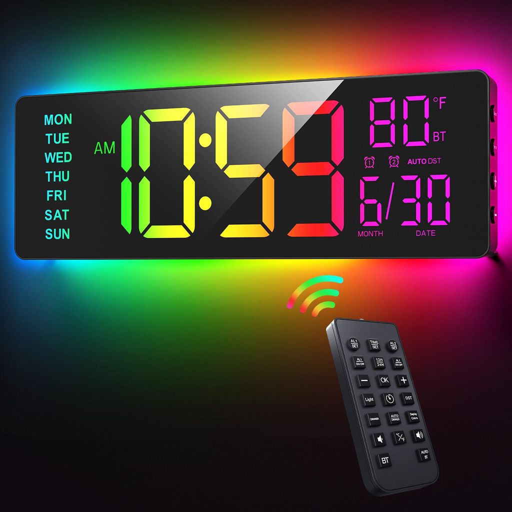 16,5 Zoll Digitale Wanduhr Extra großes LED-Display mit Bluetooth, 11 RGB-Modi, Fernbedienung, Dual-Alarm, Auto DST
