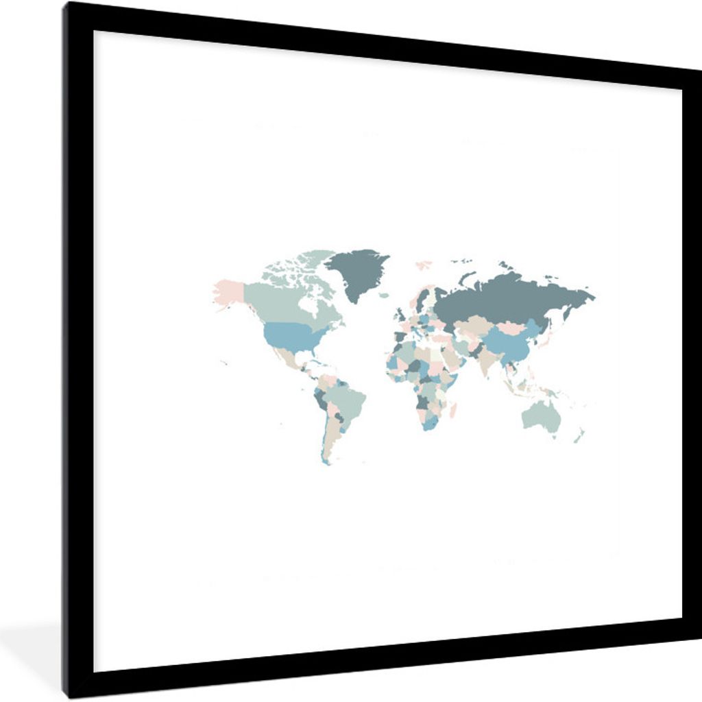 MuchoWow MuchoWow Gerahmtes Poster Weltkarte - Blau - Weiß 40x40 cm - Poster mit zchwarzem Bilderrahmen - Poster - Plakat im Rahmen