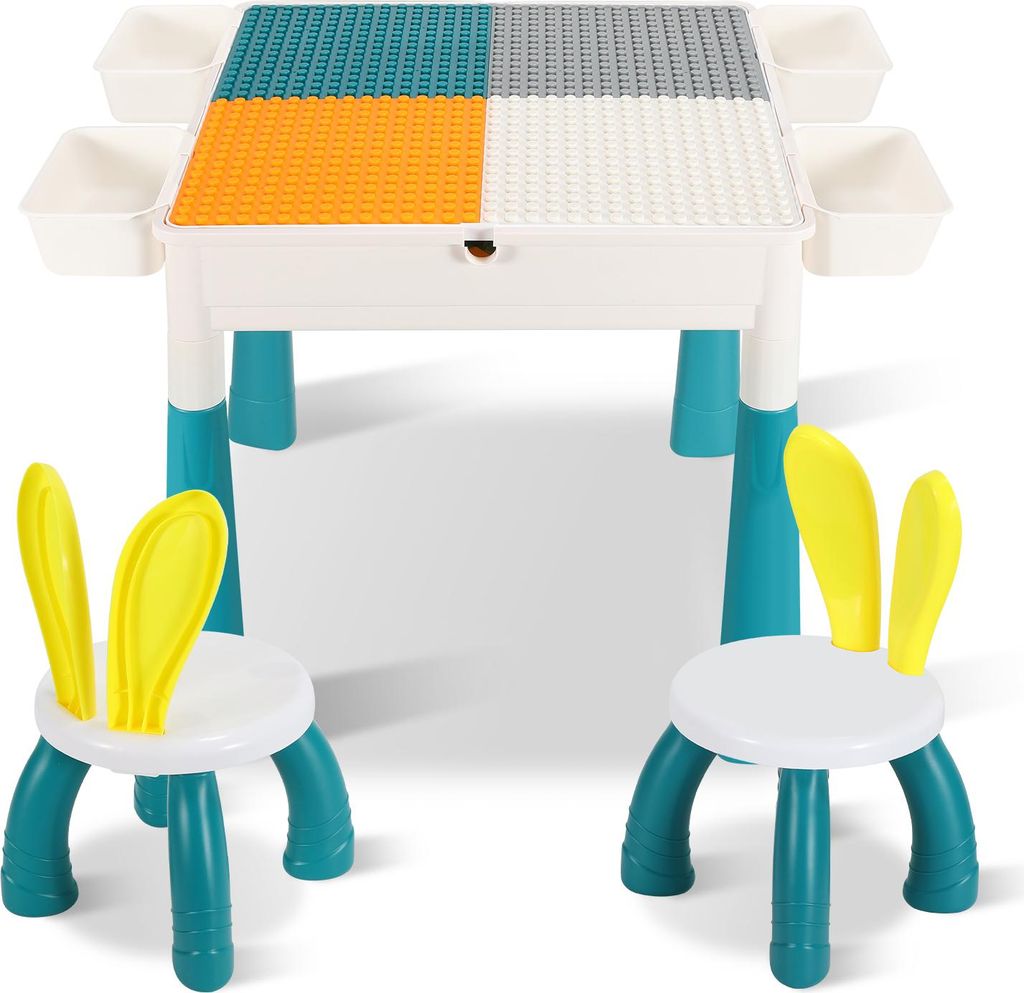Hebitod Kindertisch mit Stühle Kindersitzgruppe mit 251Stück Bausteine Mehrzweck Tabelle ,mit 2 Stühlen,Sitzgruppe für Kinder mit Stauraum