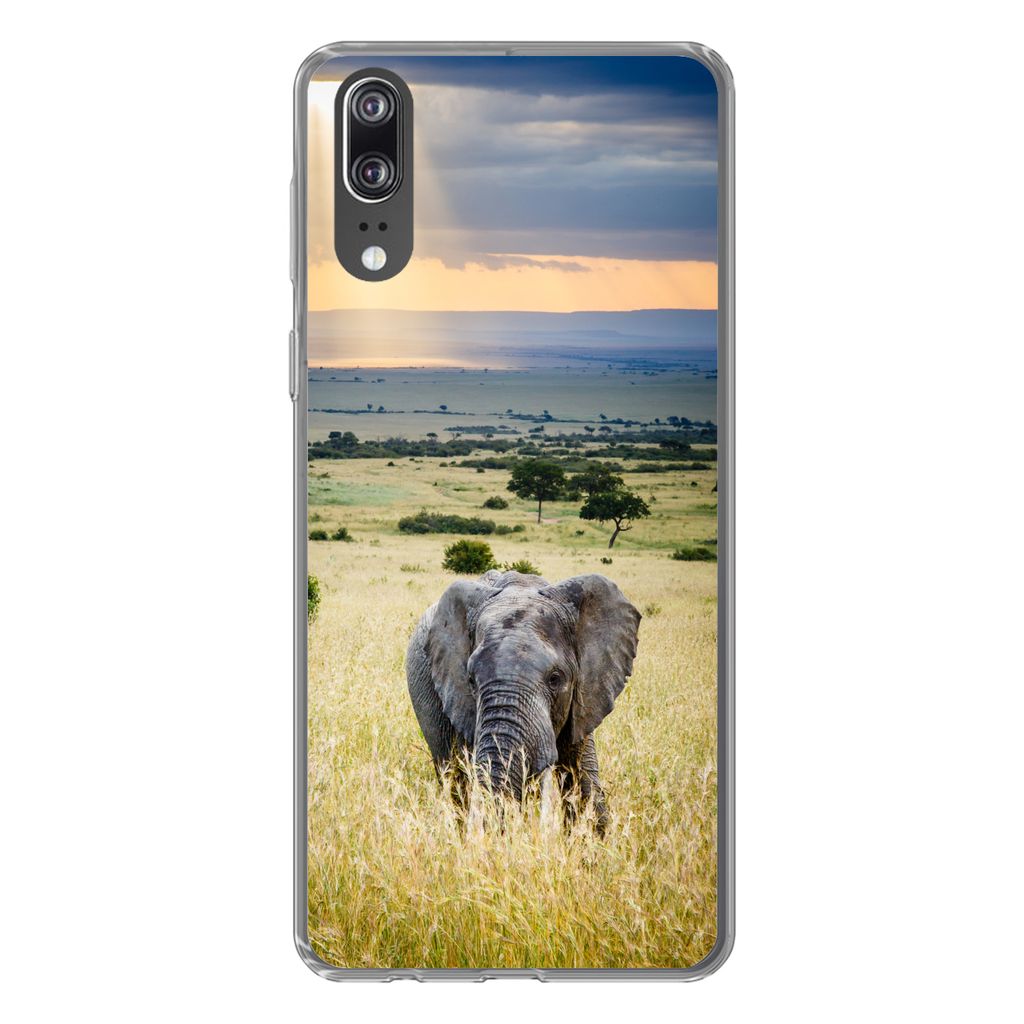 MuchoWow Handyhülle Schutzhülle Hülle für Huawei P20 Elefant - Tiere - Landschaft - Sonne - Natur Silikon Softcase Handy Hülle - Hardcover