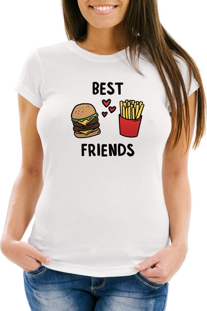 Damen T-Shirt Best Friends Burger Pommes Slim Fit Moonworks weiß 3XL