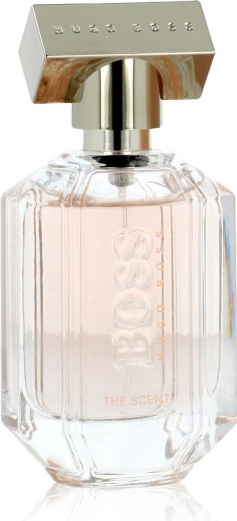 A clear studio shot of a Hugo Boss perfume bottle.