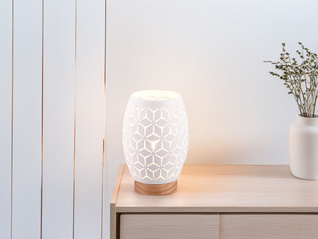 Ausgefallene kleine LED Nachttischlampe für die Fensterbank Weiß Holzfuß, H 21cm