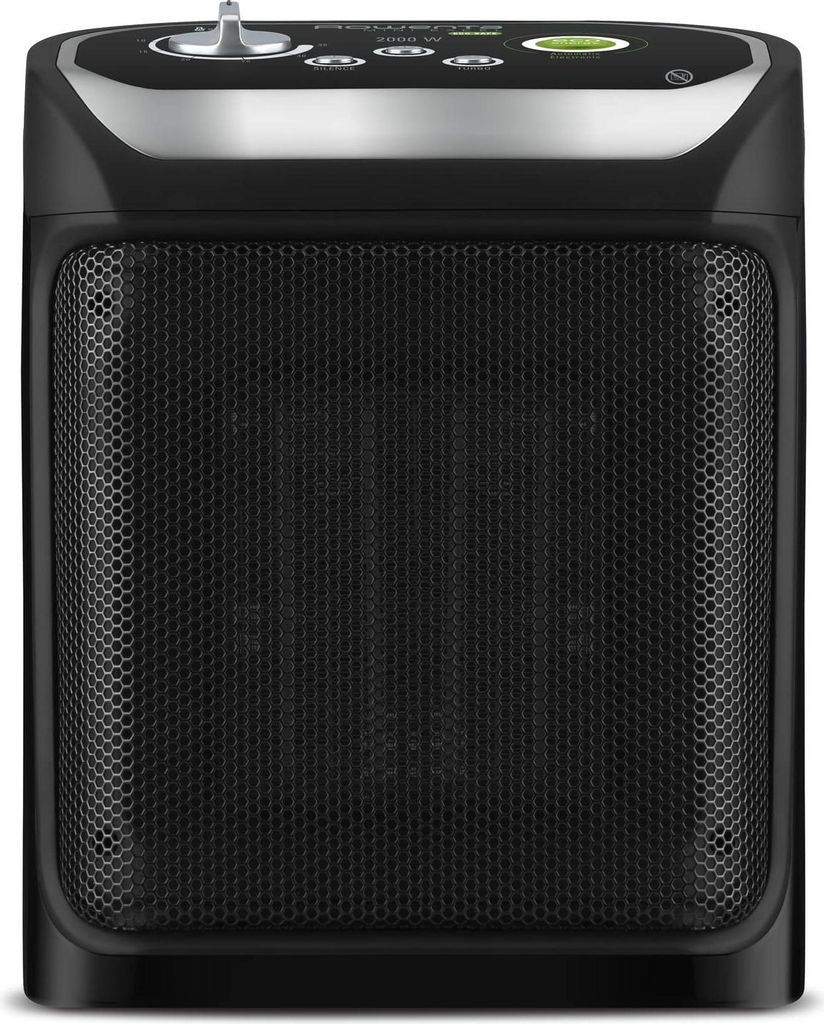 A black Rowenta heater is shown from the front against a white background.