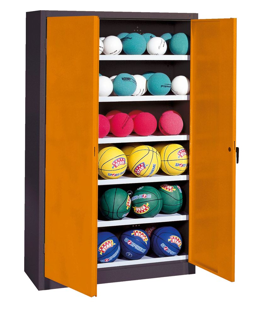 C+P Ballschrank mit Vollblech-Flügeltüren (Typ 3), HxBxT: 195x120x50 cm, Ergo-Lock Muldengriff, Goldgelb (RAL 1004), Anthrazit (RAL 7021), Einzel...