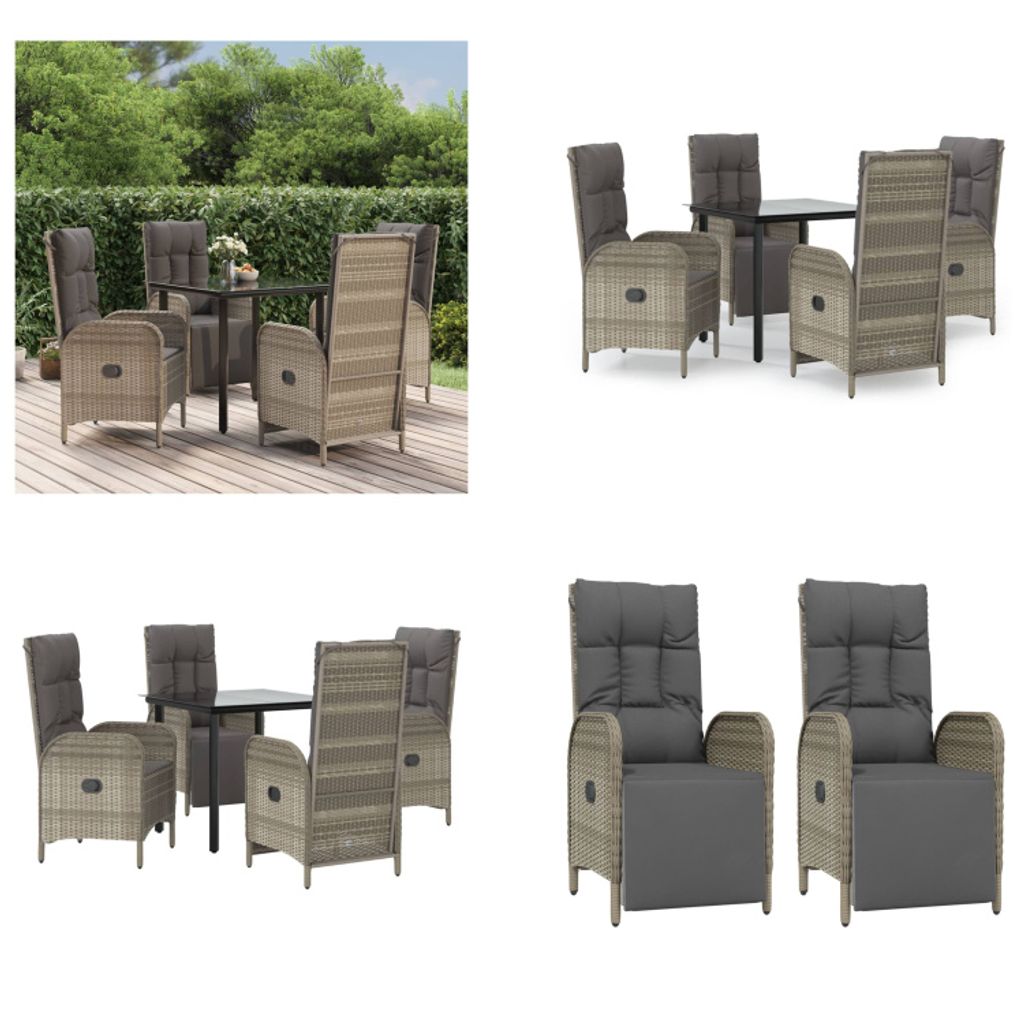 vidaXL 5 tlg. Garten Essgruppe mit Kissen Schwarz und Grau Poly Rattan - Garten Essgruppe - Garten Essgruppen - Essgruppe - Essgruppe Terrasse
