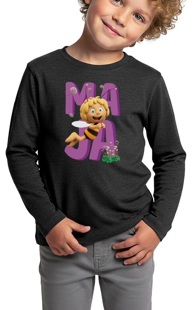 Spreadshirt Die Biene Maja 3 Maja Fliegt Kinder Premium Langarmshirt, 98/104 (2 Jahre), Anthrazit meliert