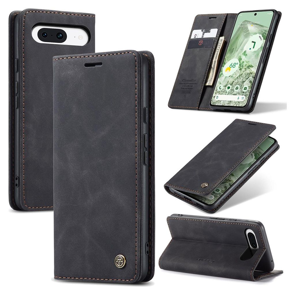 Google Pixel 8A Hülle, Retro Kunstledertasche mit Standfunktion Schutzhülle für Google Pixel 8A Schwarz