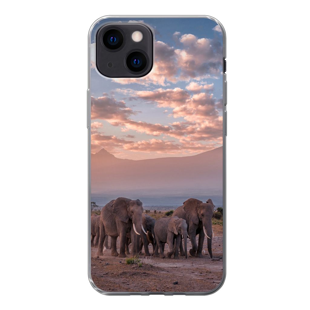 MuchoWow Handyhülle Schutzhülle Hülle für iPhone 13 mini Elefant - Tiere - Abend - Landschaft - Savanne Silikon Softcase Handy Hülle - Softcase